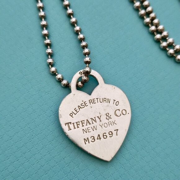 Vtg Tiffany & Co. Please RTT Large Heart Tag Pendant Long Beaded Chain Necklace - Picture 2 of 6